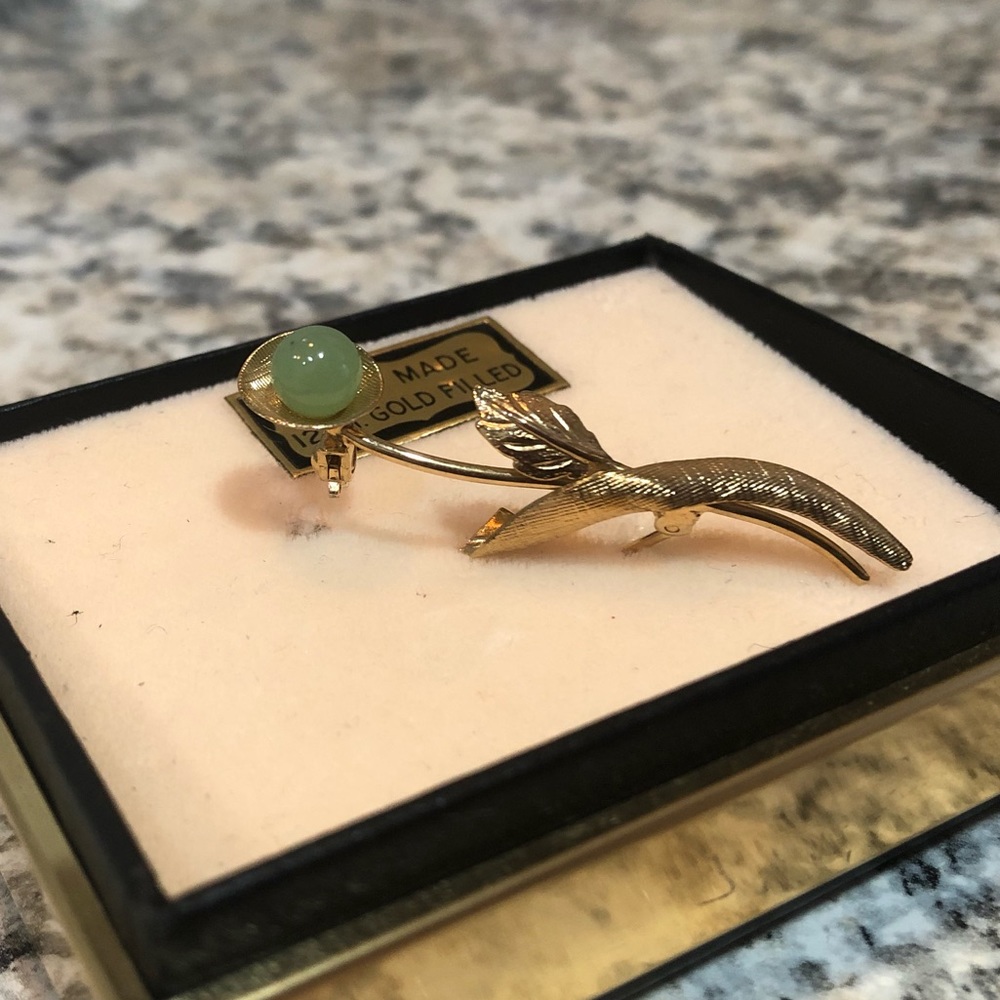 12K gold filled jade brooch